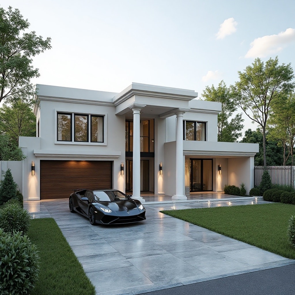 Desain Rumah Mewah Modern Dua Lantai dengan Fasad Simetris Rumah mewah dua lantai bergaya modern dengan garasi luas, halaman depan, dan pencahayaan elegan