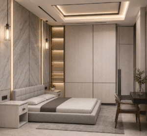 Desain Interior Kamar Tidur Modern Bogor Desain interior kamar tidur modern dengan wardrobe built-in di Bogor